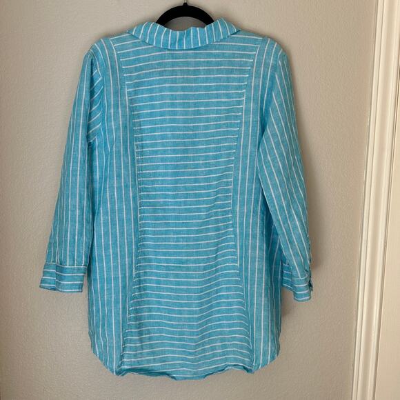 Habitat Clothes to Live in Linen Aqua Striped Oversized Lagenlook Shirt, Large - Picture 2 of 8